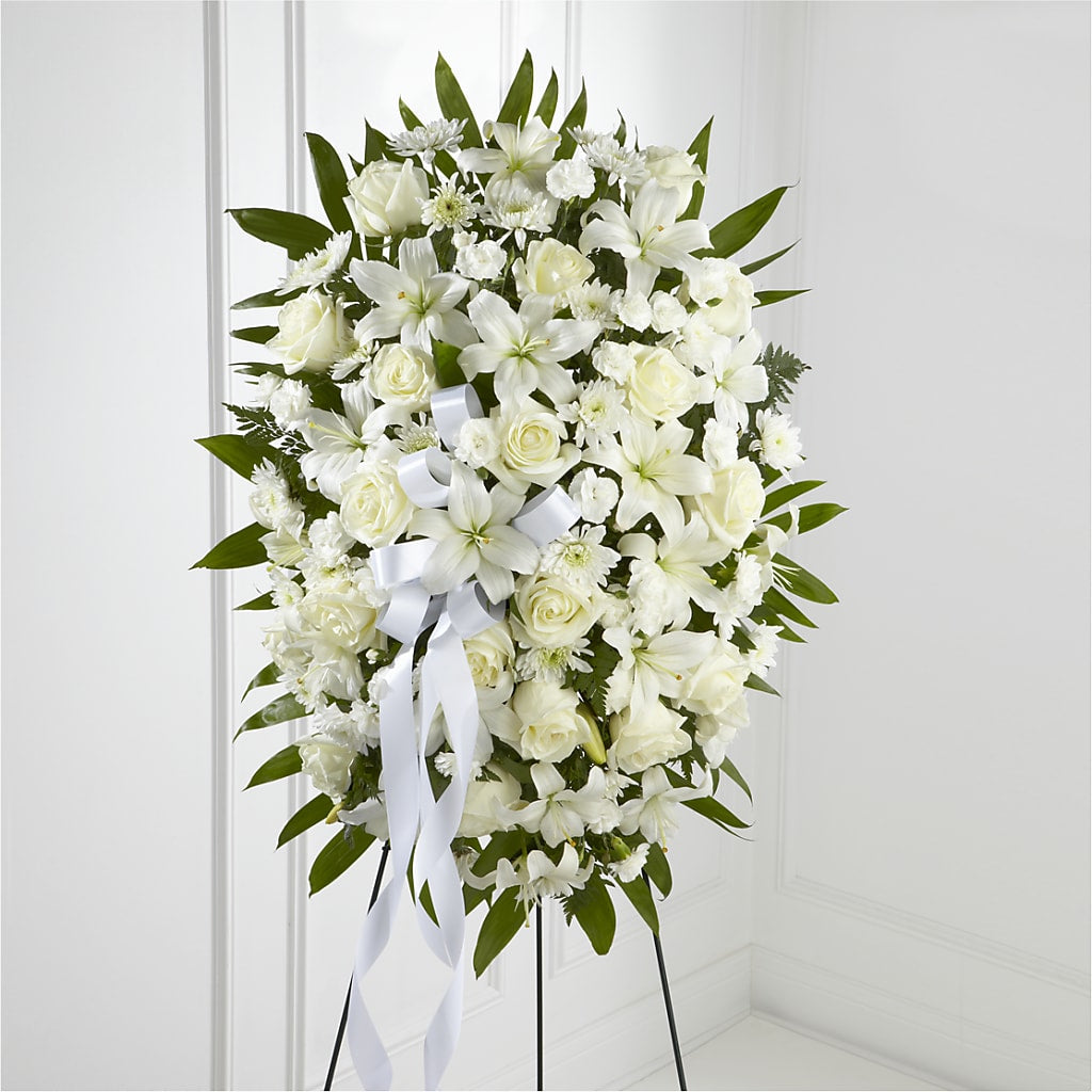 Exquisite Tribute Standing Spray-White Ribbon – Accents By Jenny, Park Ridge IL